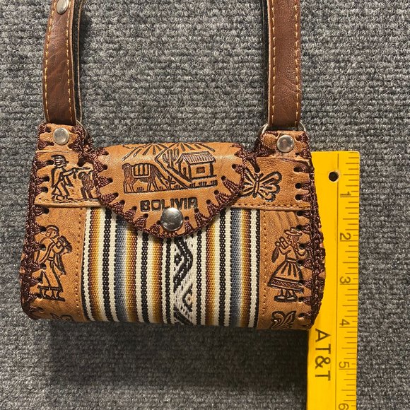 Handmade Purse Bolivia Hand Tooled Leather & Canvas Llamas Alpacas Butterfly - Picture 8 of 9